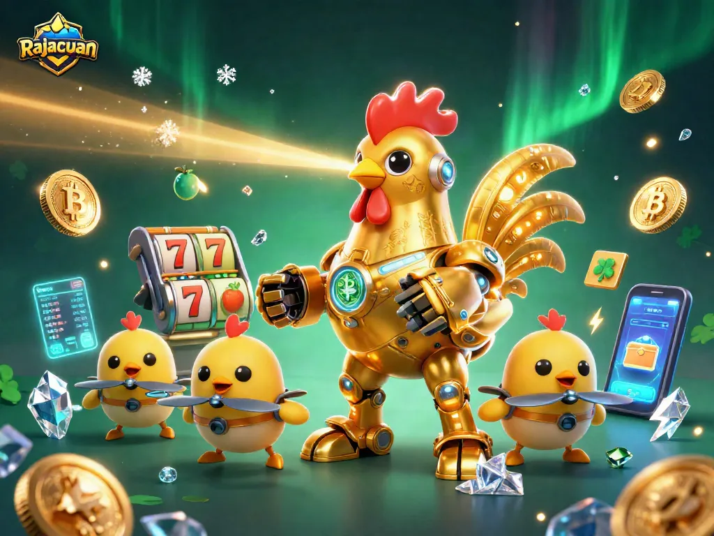 Join the Rajacuan adventure in a vibrant, dynamic casino scene with engaging slot elements and crypto themes.