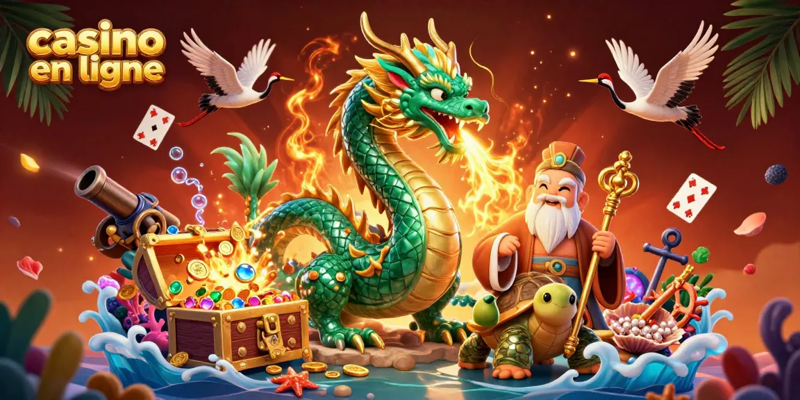 Découvrez une scène de casino en ligne vibrant avec un dragon, une tortue sage, et des grues porteuses de chance.