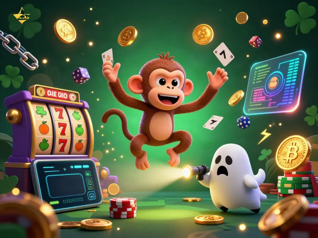 Engage with 78wind's thrilling haunted casino scene featuring a playful poltergeist monkey and a ghost-hunter puppy