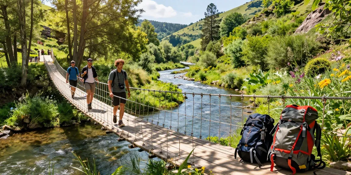 Hikers crossing a river rope bridge in a lush, scenic environment.