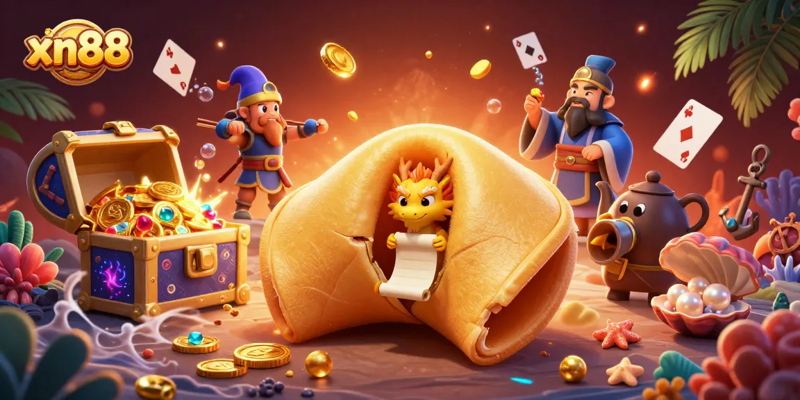Experience xn88's vibrant casino world with golden fortune cookie and treasures flowing