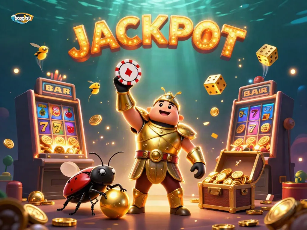 Score big with Bongdalu! Victorious beetles in a dazzling casino scene celebrating a jackpot.