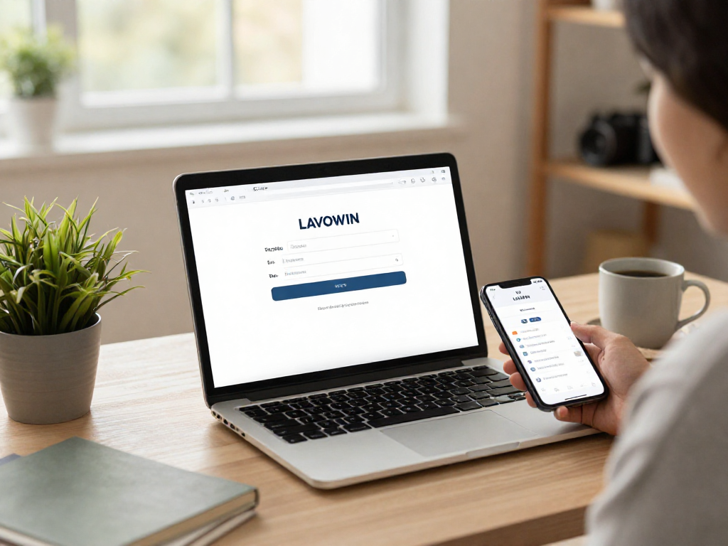 LAVOWIN login screen being accessed on laptop at home office, showcasing modern user experience.