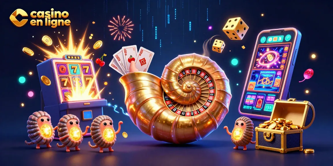 Illustration 3D d'un casino en ligne avec un nautile géant, une machine à sous et des cartes.