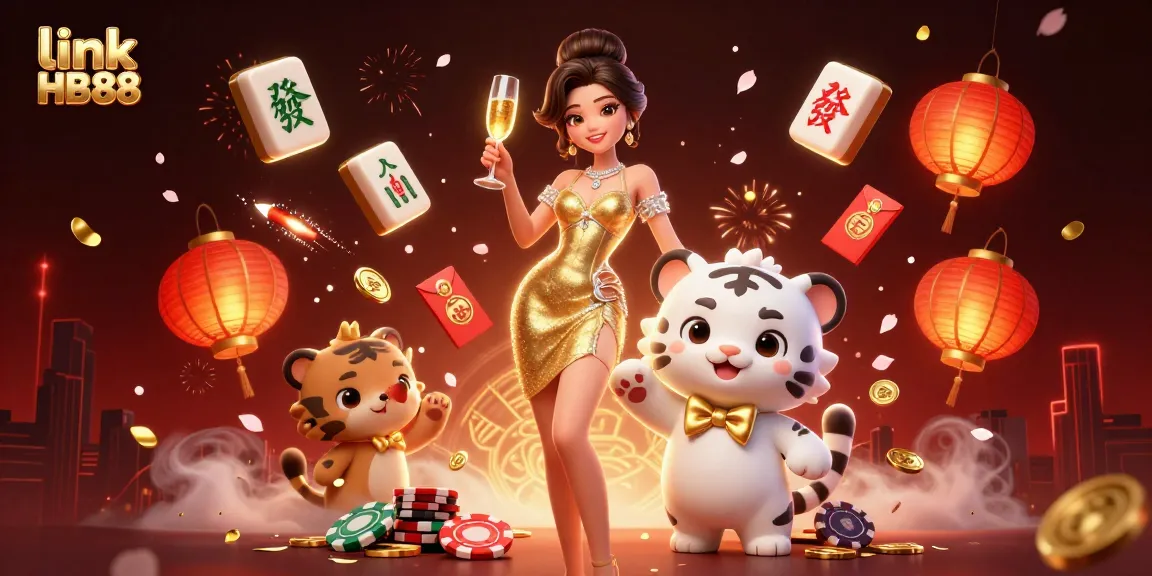 Experience thrills at link HB88 with the glamorous online casino scene featuring a sparkling woman and a lucky tiger.