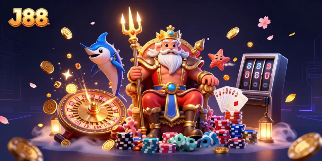 Experience the thrill of J88 casino with Neptune, coins, and vibrant game elements!