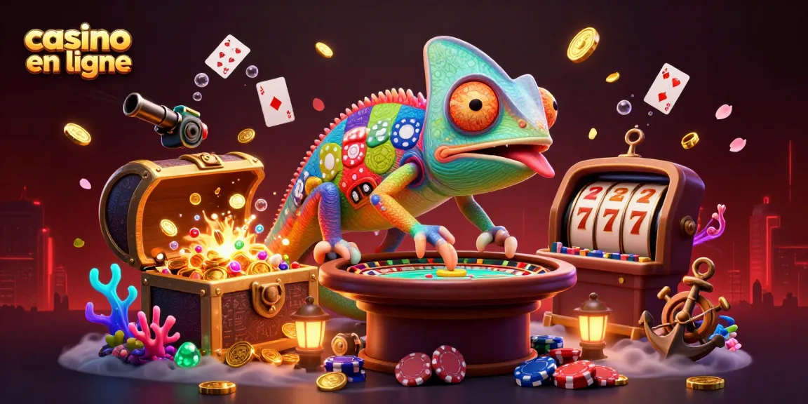 L'illustration 3D d'un chameleon casino en ligne attire l'attention avec des éléments de jeu dynamiques.