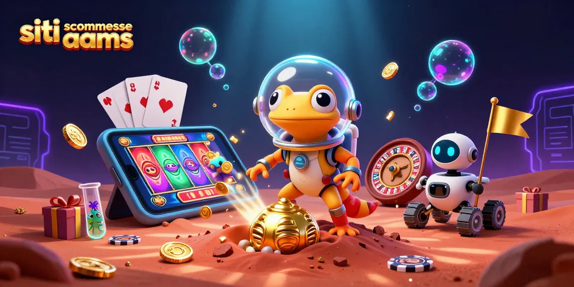 Scopri i siti scommesse non AAMS con grafica 3D del gecko marziano e giochi d'azzardo in un casinò dorato.
