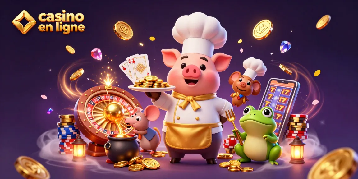 Illustration de casino en ligne avec un chef cochon servant des pièces d'or, sous-chef et grenouille critique.