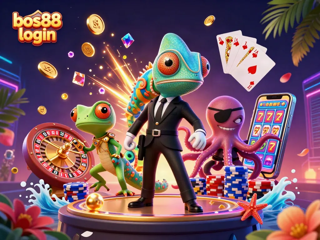 Masuk ke bos88 login dengan chameleon agen rahasia dan teman gecko canggih yang dikelilingi koin emas dan poker.