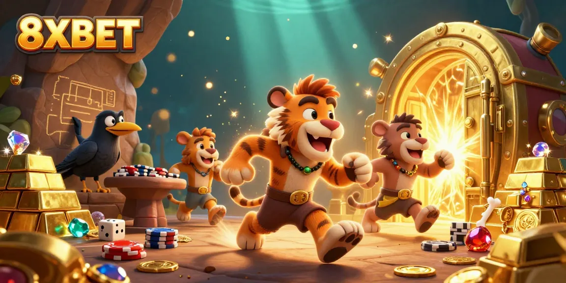 Caveman duo with a tiger promote 8XBET casino gaming with treasure and excitement
