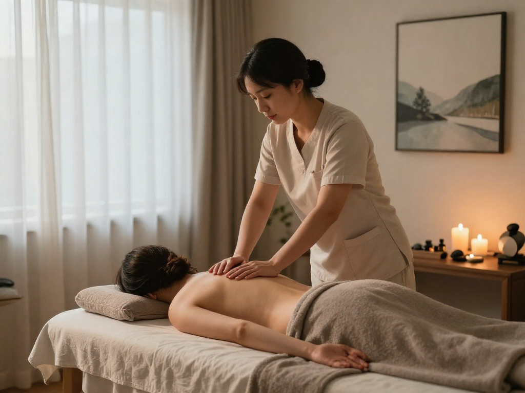 산본출장마사지 at home with a professional therapist providing a soothing massage in a serene setting.