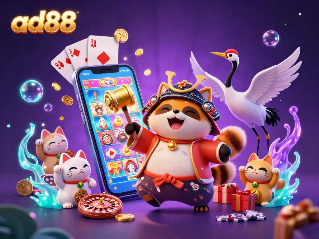 Play thrilling games at ad88 featuring a cheerful tanuki, lucky mallet, and casino elements.