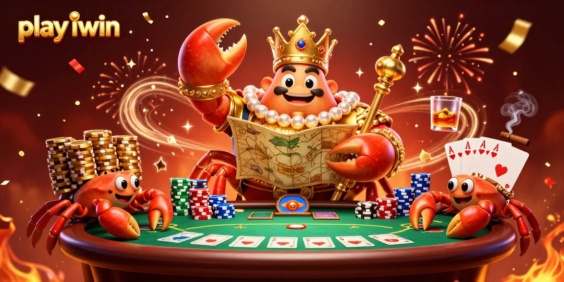 Play iwin as a golden crab emperor rules the casino with poker chips and vibrant celebration.