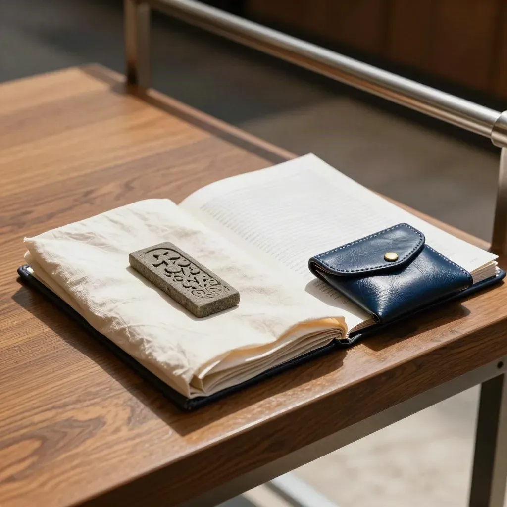 Folded Kyoto day-plan folio, lunch bundle, stone guide tile and coin purse on a hotel lobby bench.