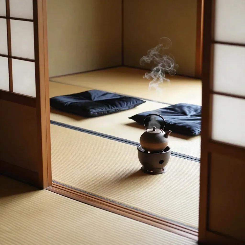 Kyoto tea room threshold with tatami, cushions, kettle and brazier before guests arrive