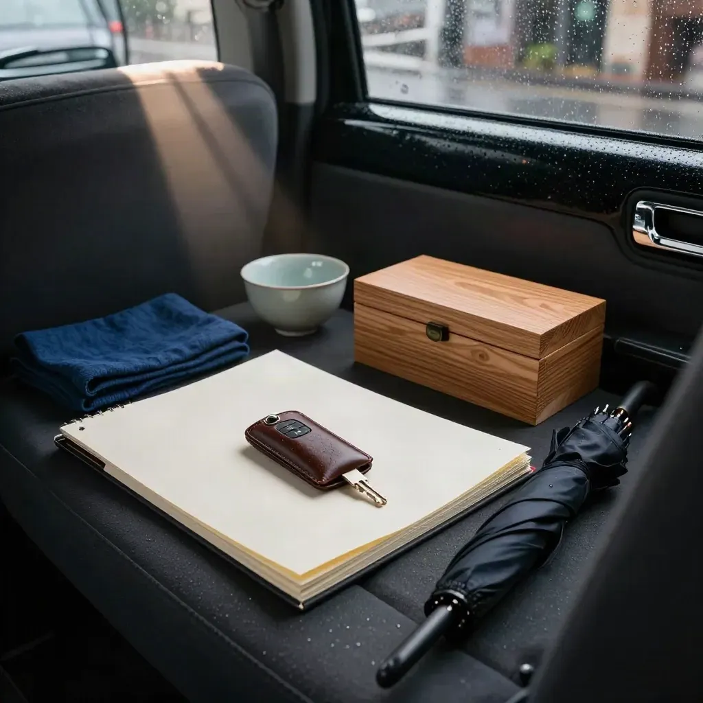 Kyoto day-plan kit on a black taxi back seat at dawn, with tea bowl, key sleeve, cloth and umbrella.