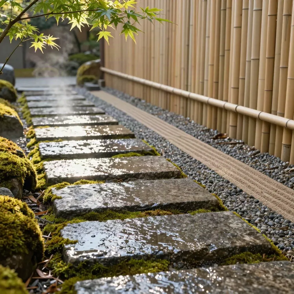 Mossy Arashiyama stepping stones beside bamboo and maple branches after rain.