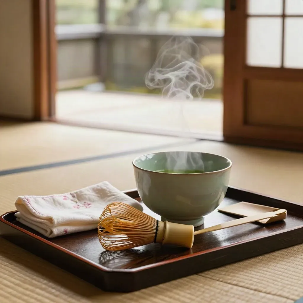 Matcha tools at a Kyoto tea room doorway with steam rising in warm afternoon light.