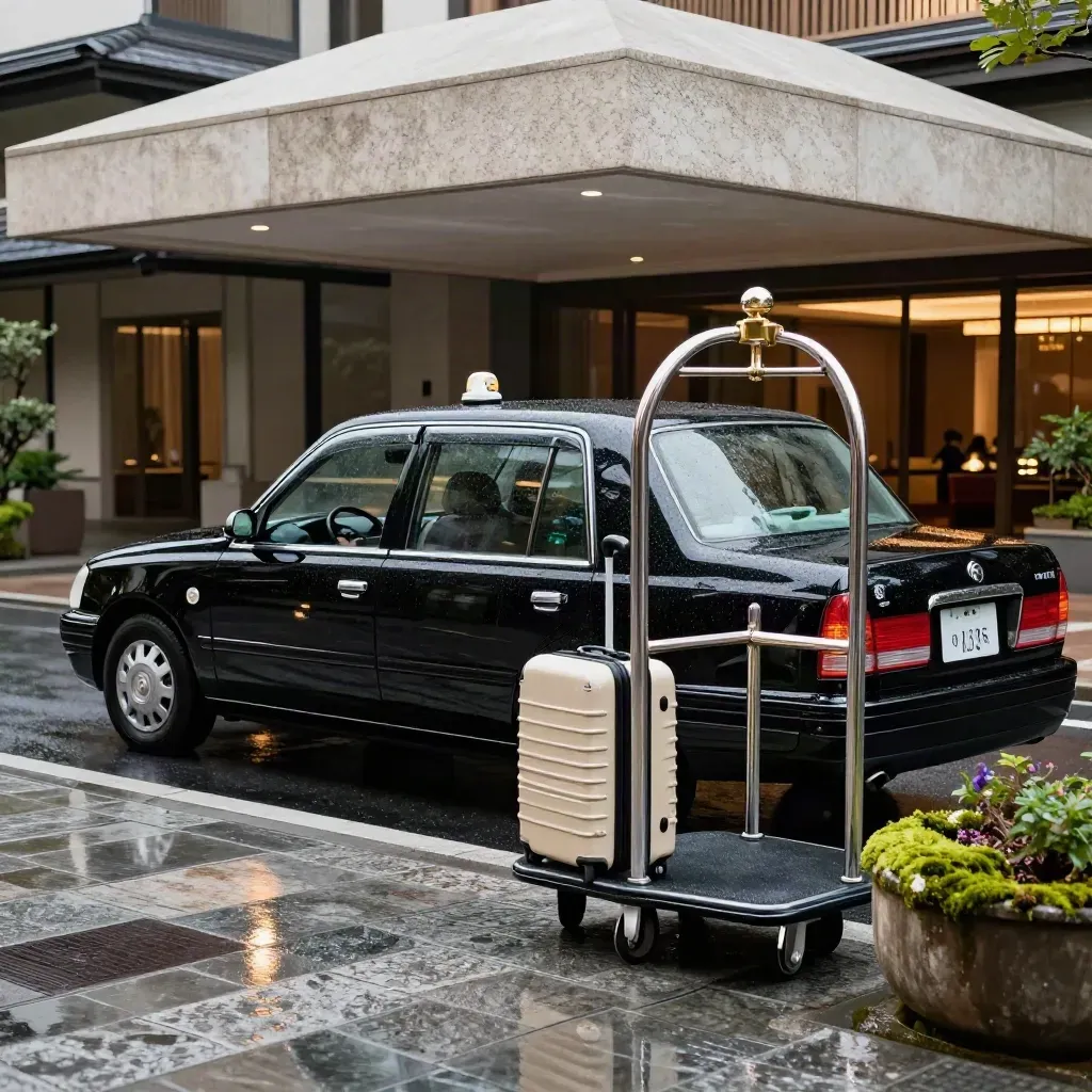Black taxi at a Kyoto hotel entrance, wet curb, luggage cart, open rear door, warm lobby glow