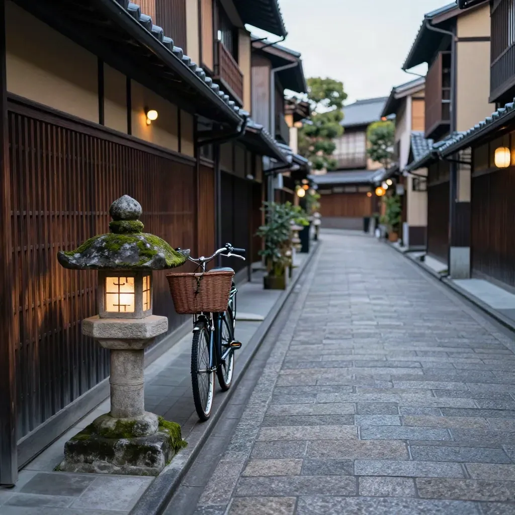 Gion lane with wooden facades, stone lantern, and parked bicycle at dusk.