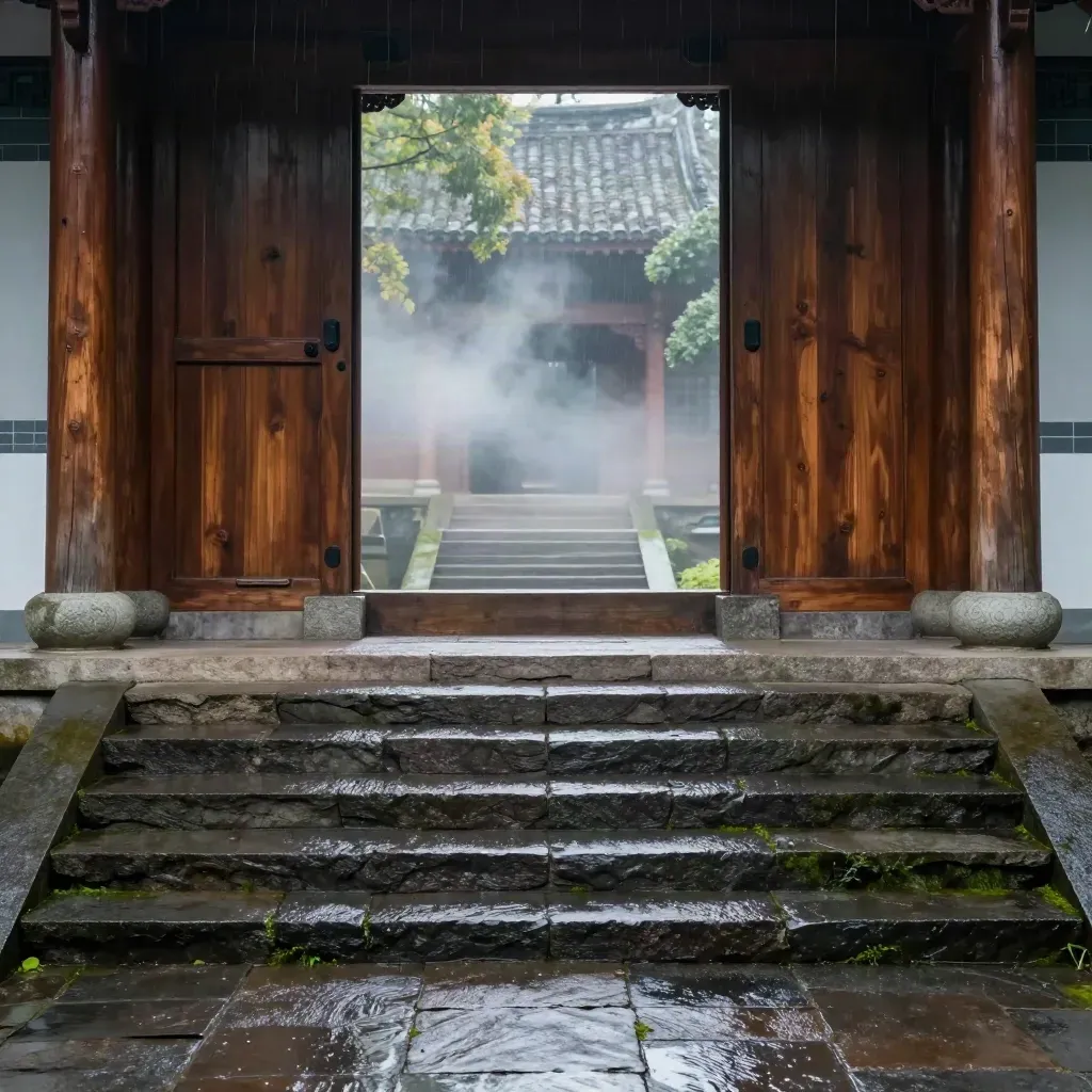 Wet stone steps rise through a cedar temple gate in misty Kyoto morning.