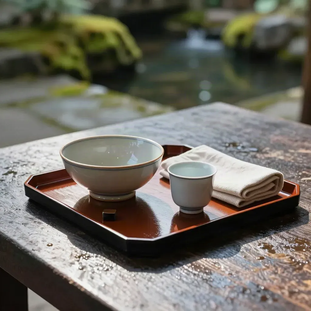 Lacquer tray lunch beside a ceramic bowl at a mossy Kyoto garden table