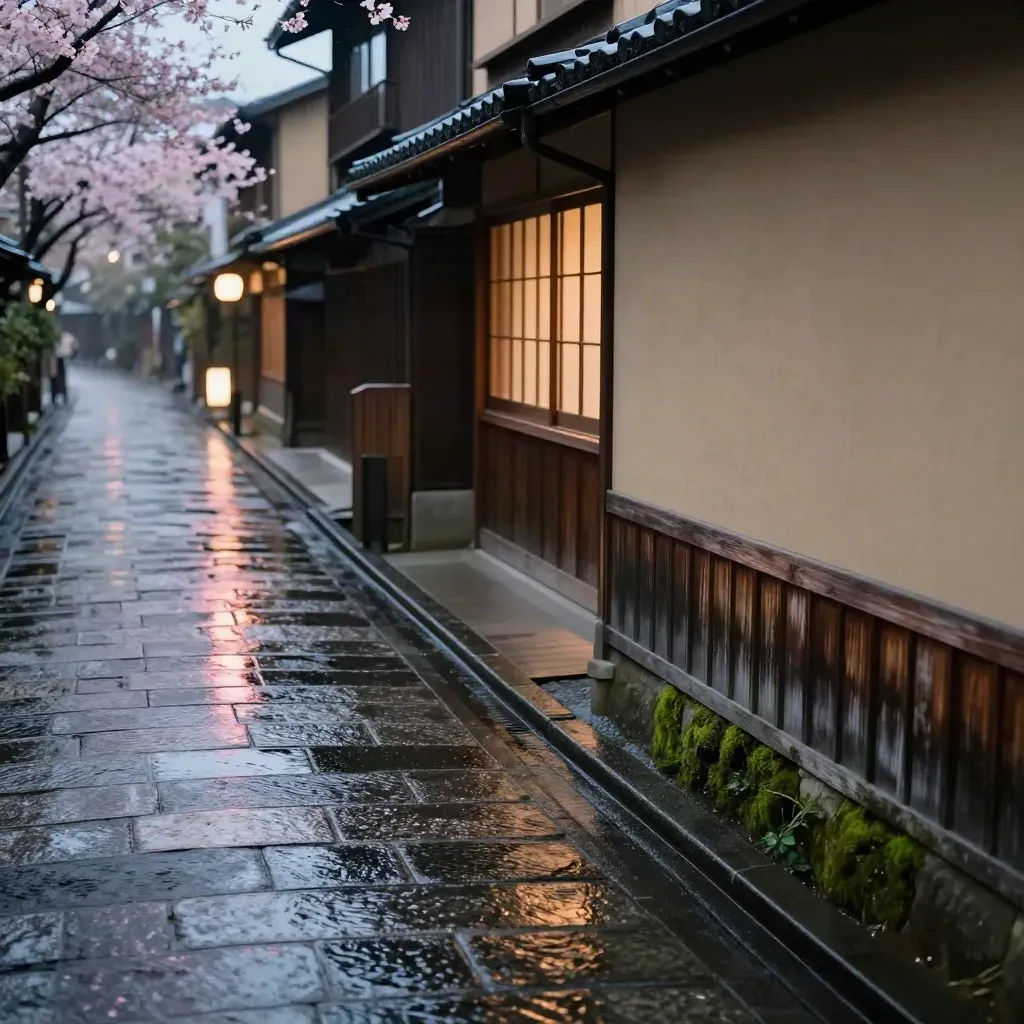 Rainy Gion lane at blue hour with warm window glow and wet stone reflections.