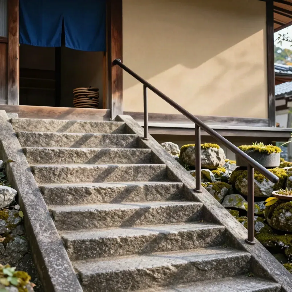 Low-angle Kiyomizu stone steps rise past cedar shopfronts, an indigo fabric edge, and sunlit shadows.