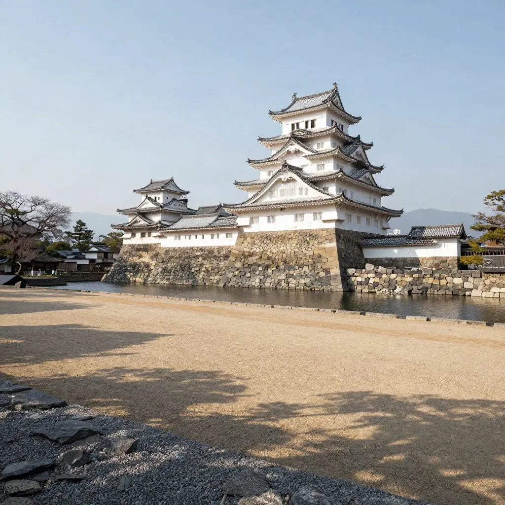Nijo Castle moat, stone walls, and gravel forecourt in bright midday light