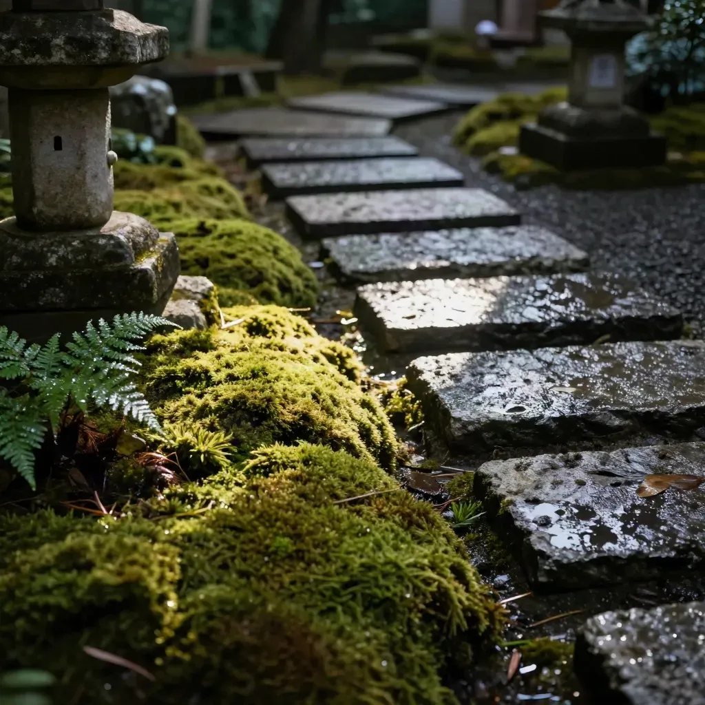 Mossy Kyoto garden path with damp stones and a sunlit patch beside a stone lantern base.