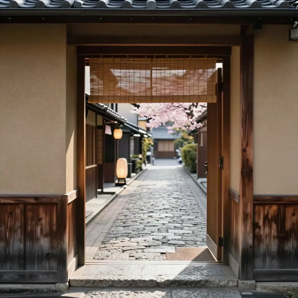 Tea-room doorway opening to a narrow Kyoto lane and lunch street, stone threshold and warm wood.