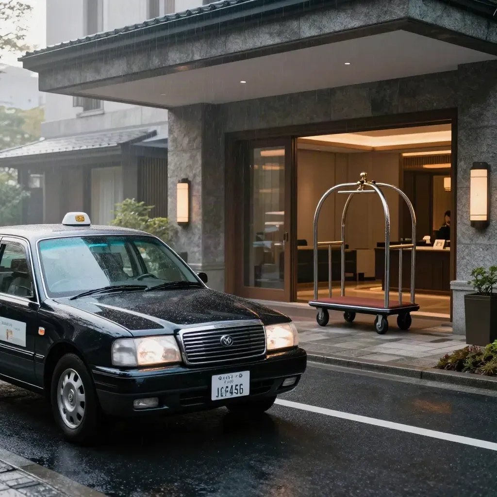 Black taxi arriving at a Kyoto hotel porte-cochère in morning drizzle beside a luggage cart.