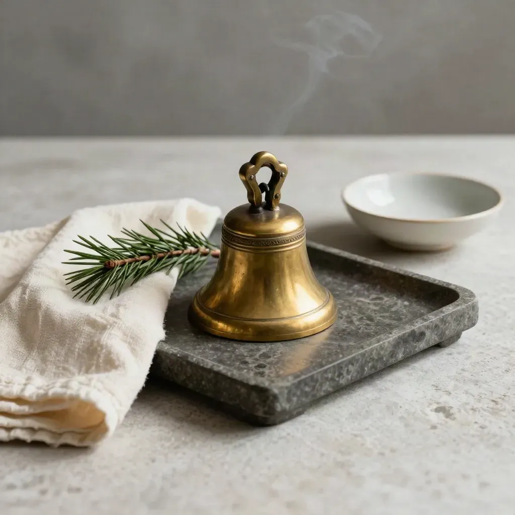Brass temple bell with cream cloth, cedar sprig and ceramic dish on stone, soft incense haze