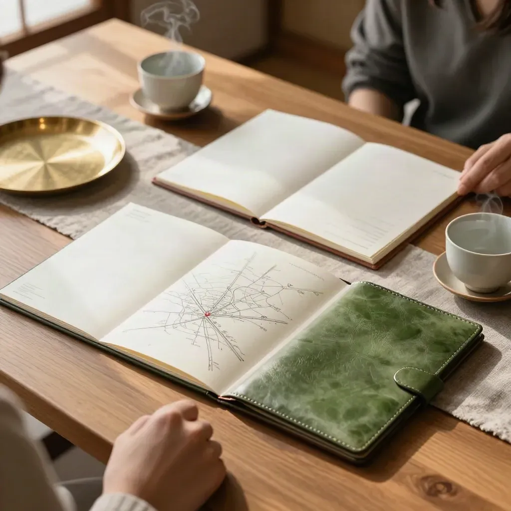 Kyoto travel planning table with route folios, tea cups and a map case in warm daylight