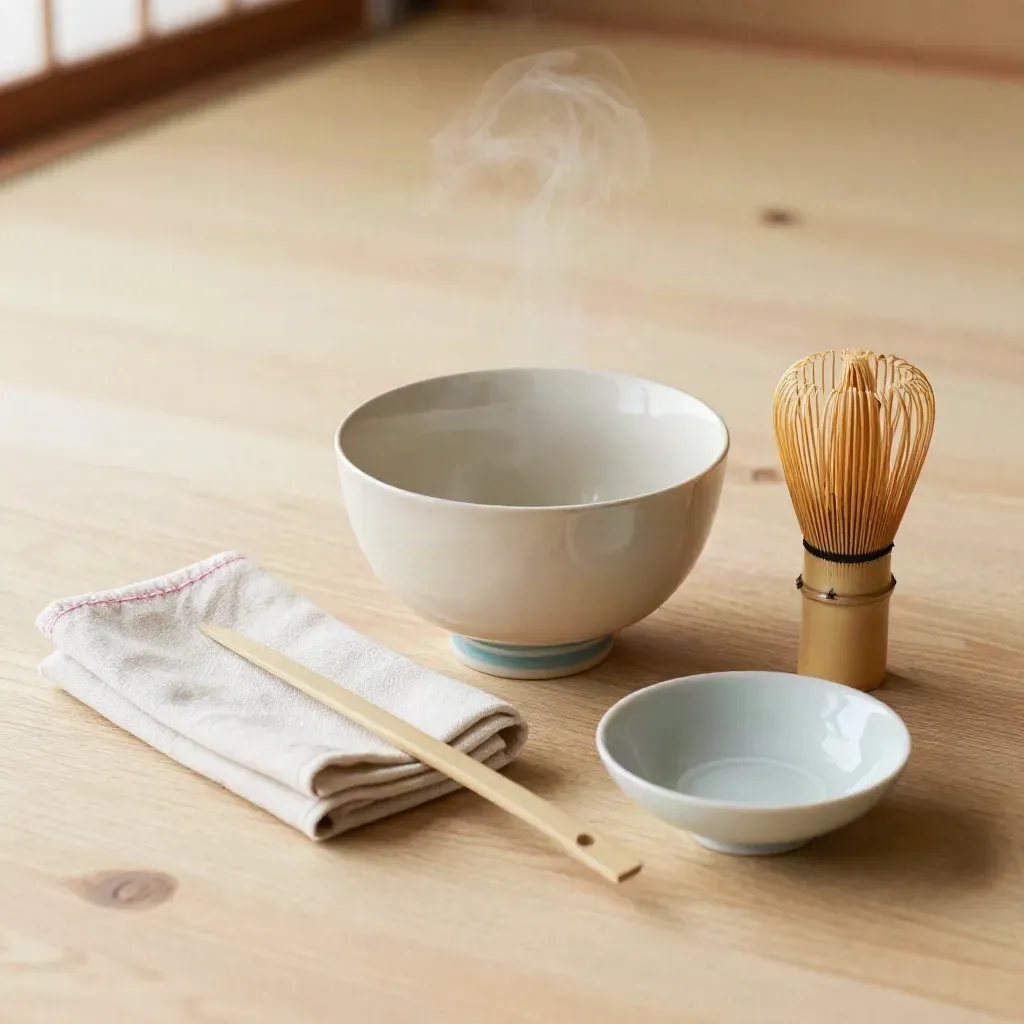 Kyoto tea set with chawan, whisk, scoop, linen, and dish on pale wood in soft daylight