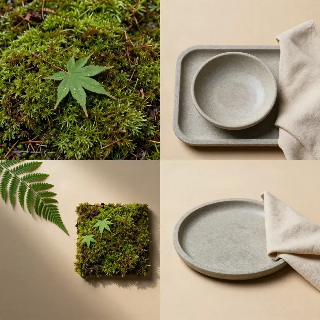 Moss cushion with maple leaf, fern frond, and stone saucer on a tray.