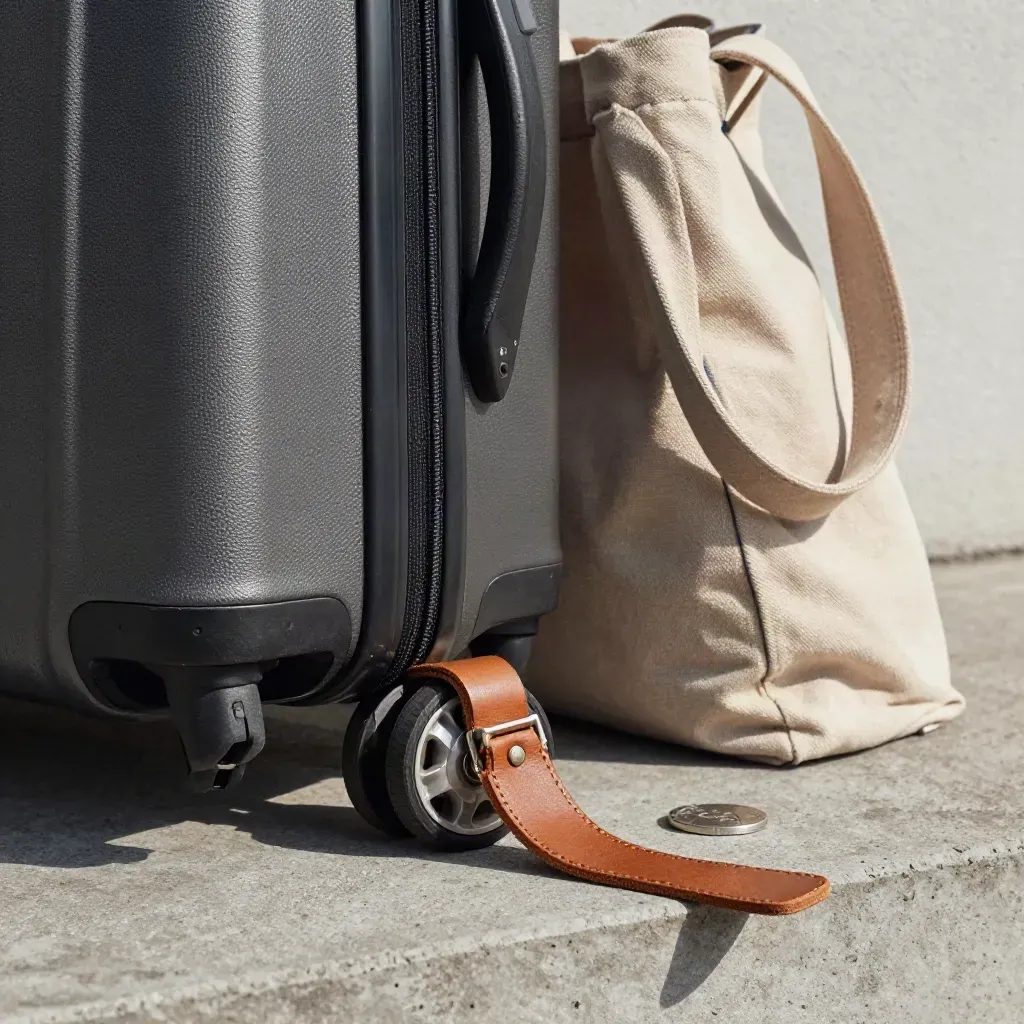 Carry-on wheel, leather strap, transit coin and folded tote on concrete at a station ledge.
