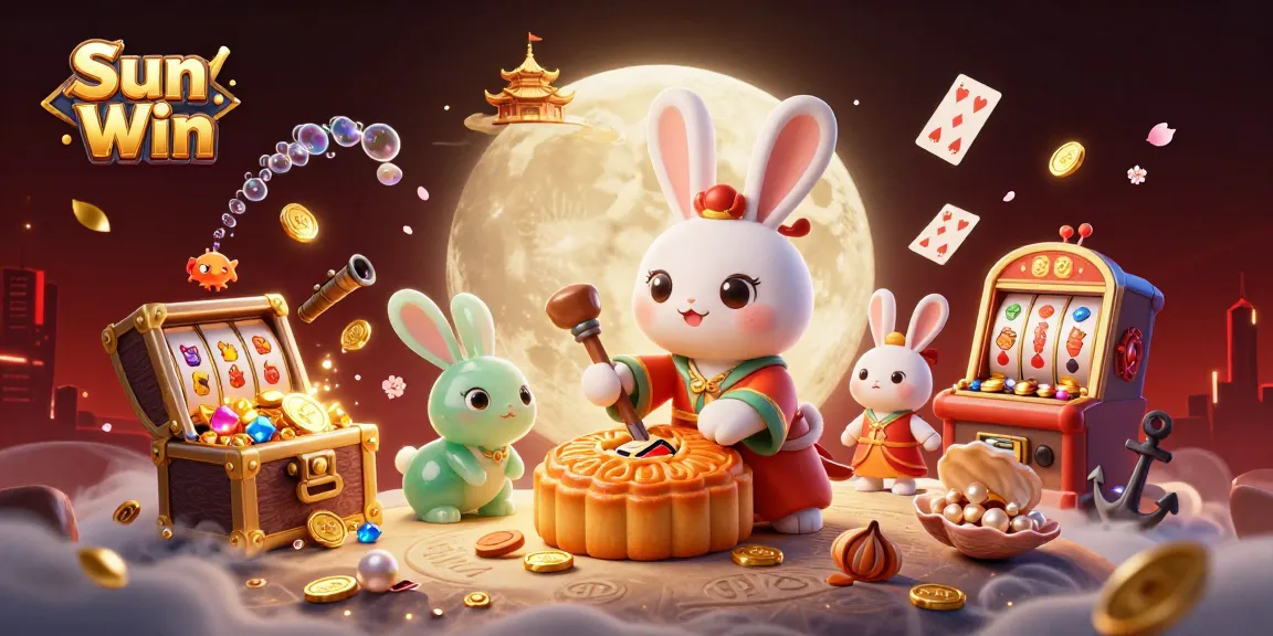 Engage with Sun Win's thrilling casino experience featuring a moon rabbit revealing poker chips.