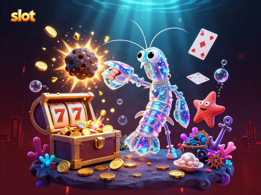 Experience the excitement of slot games with a 3D mantis shrimp and treasure bursting coins.