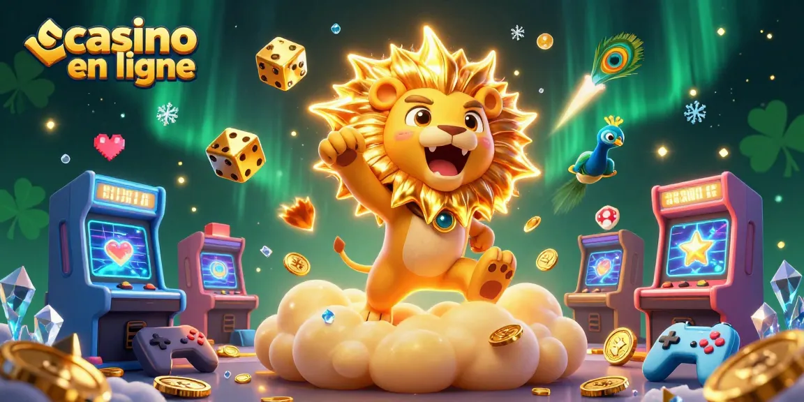 Jouez au casino en ligne avec cette illustration dynamique de lion et dés dorés.