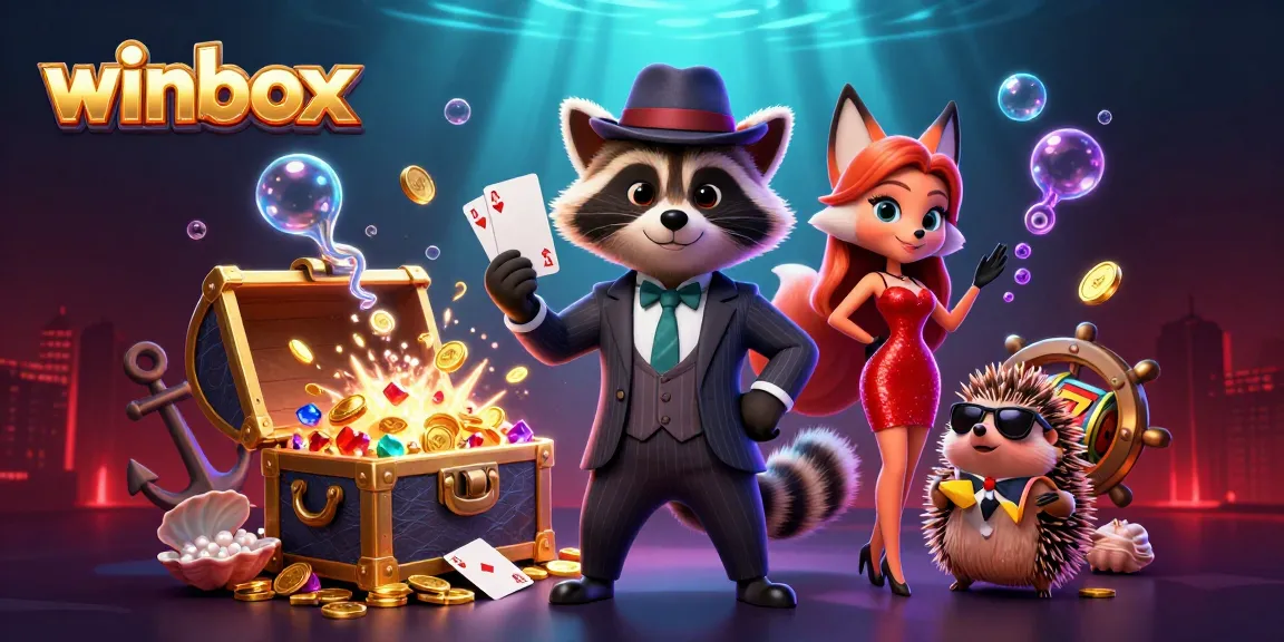 A raccoon in a suit wins at winbox while a fox and hedgehog celebrate amidst falling coins and slot reels.
