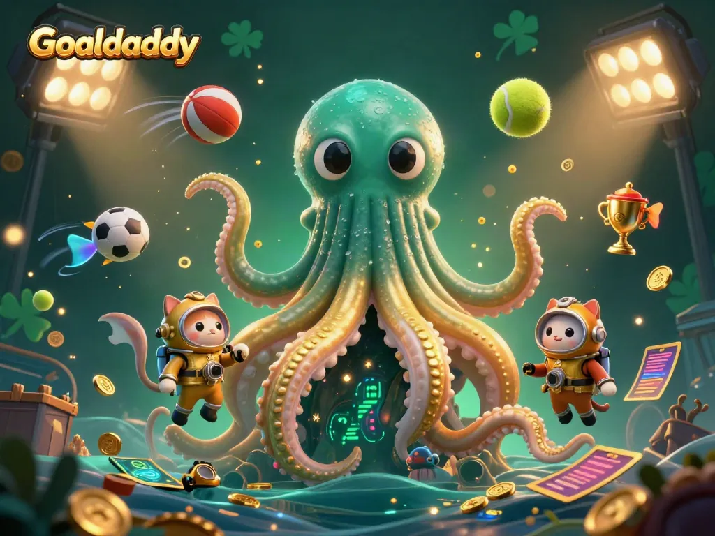 Experience exhilarating sports betting with Goaldaddy as a kraken, diving cat, and deep-sea fish enhance the scene.