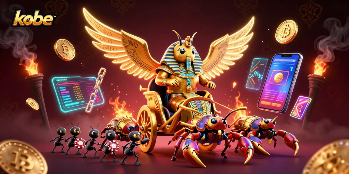 Engage with kobe's thrilling casino adventures featuring a massive golden scarab beetle and crypto elements.