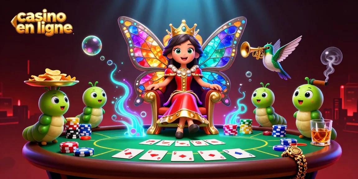 Illustration captivante de la reine des papillons et du casino en ligne, entourée de jetons et de cartes.