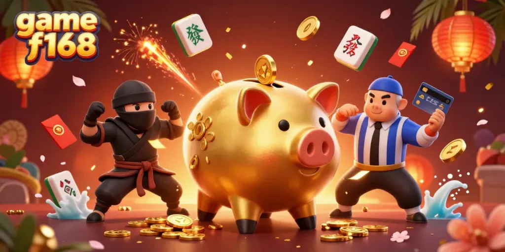 Engage with game f168, showcasing a thrilling 3D illustration of a golden piggy bank sumo wrestler amid festive casino elements.