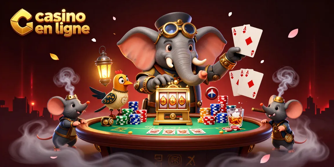 Animation captivante de casino en ligne, éléphant ingénieur et machines à sous en action.