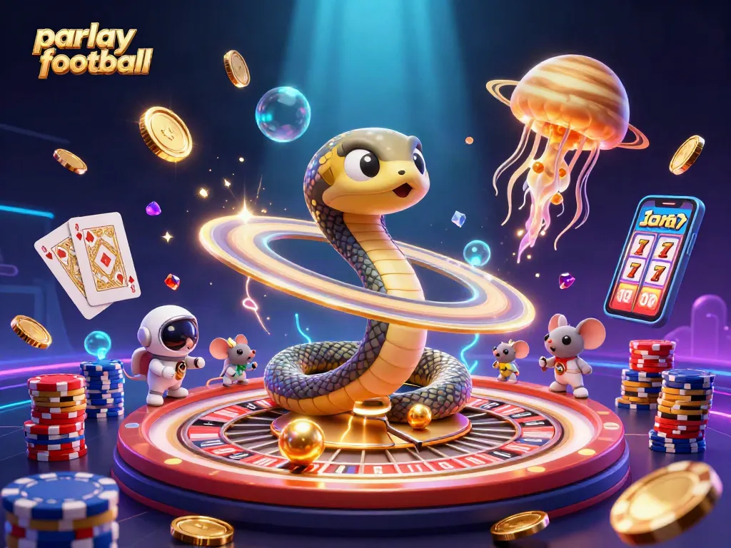 Engage in exciting parlay football bets with a whimsical cosmic casino scene