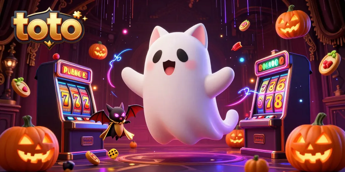 Gambarlah toto dalam lingkungan permainan kasino yang seram dengan kucing hantu dan elemen slot yang menari.
