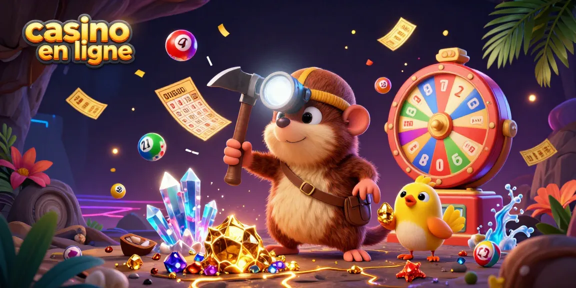Illustration dynamique d'un casino en ligne, mettant en scène un mole chasseur de trésors et un canari.